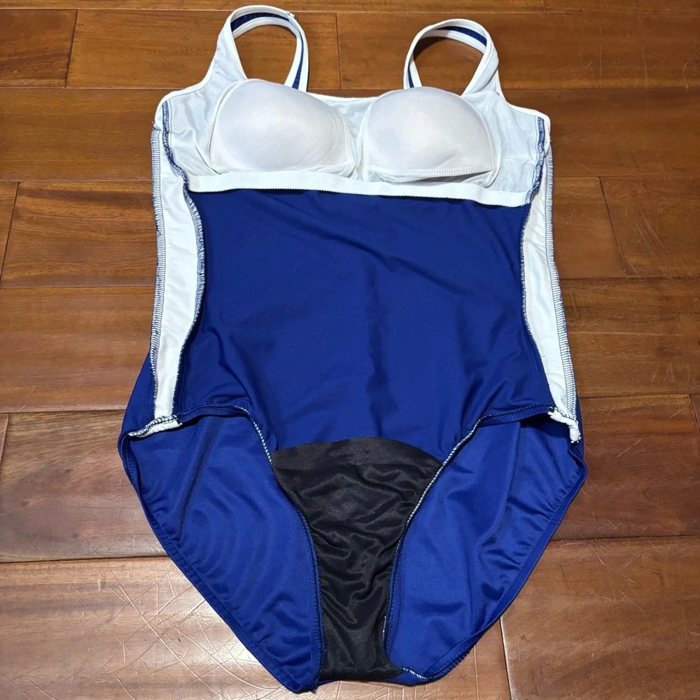Miraclesuit Blue White Colorblock One Piece Swimsuit Tummy Control Womens 16‎